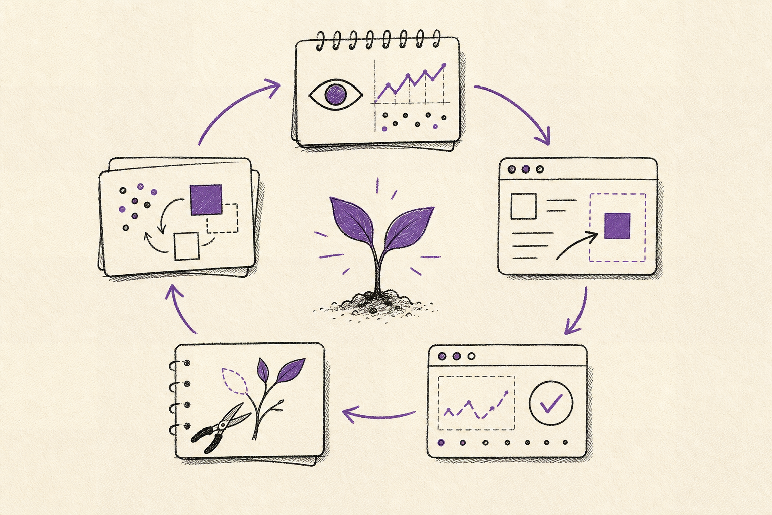 A hand-drawn loop of notebook cards, app windows, check marks, pruning shears, and a central seedling showing an inspected software change cycle.