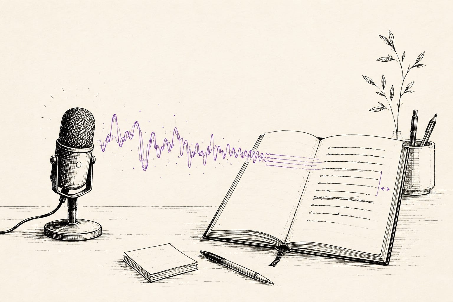 Ink sketch of a microphone sending a plum speech waveform into a notebook with editable paragraphs.