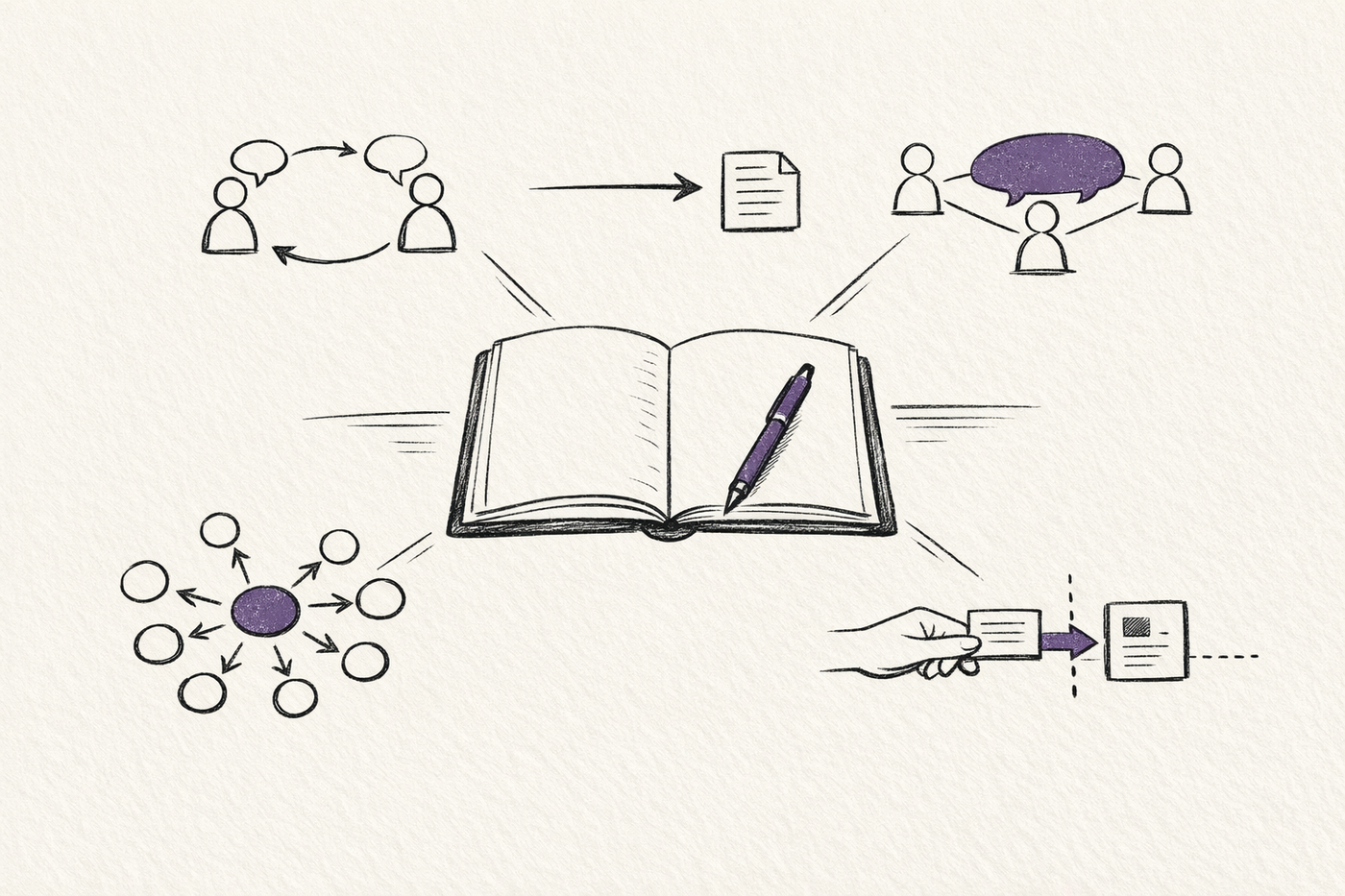 Sketch illustration of an open notebook surrounded by five agent communication patterns: paired review, handoff, shared thread, swarm routing, and an external capability card.