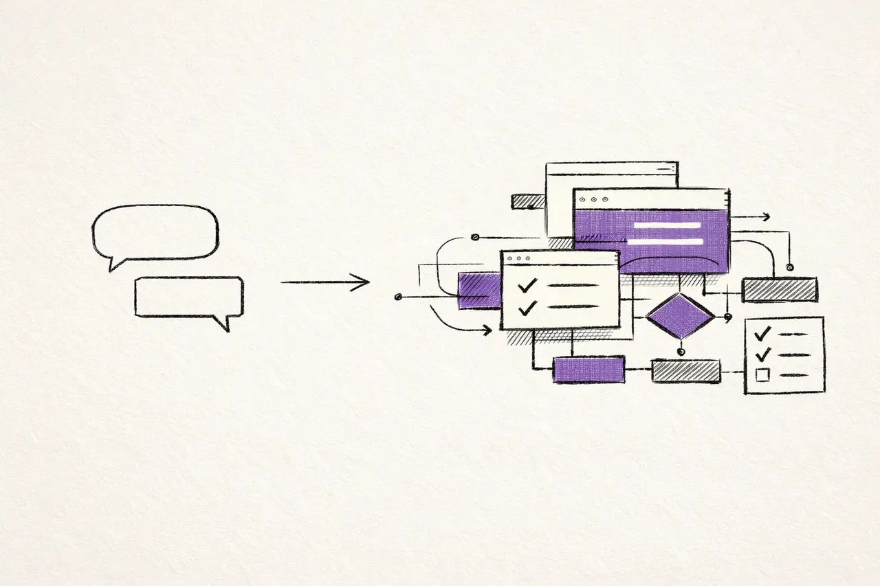 Hand-drawn editorial illustration of chat bubbles turning into a routed workflow system.