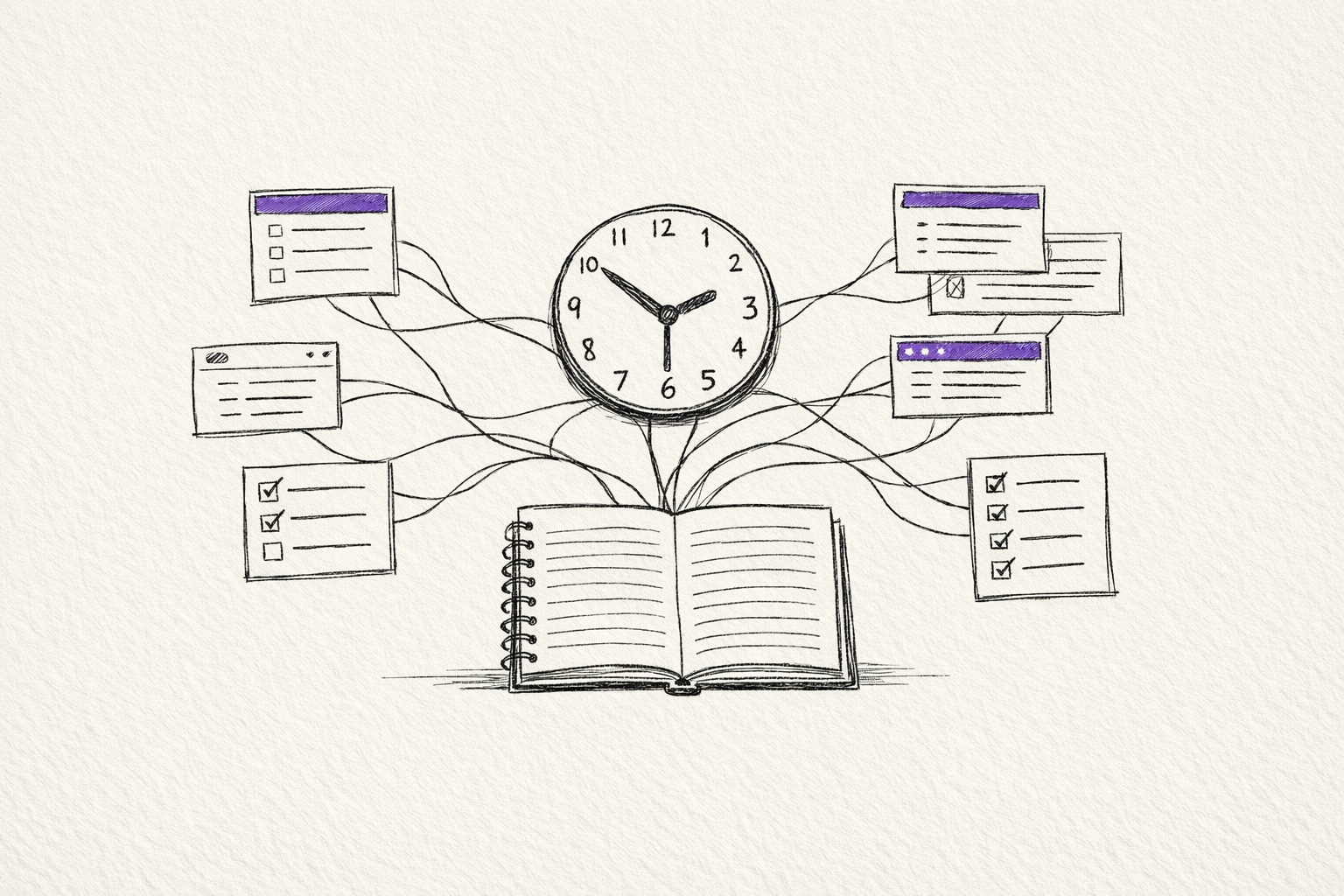 Sketch illustration of a notebook and clock connected to branching tasks, showing AI-driven work expansion