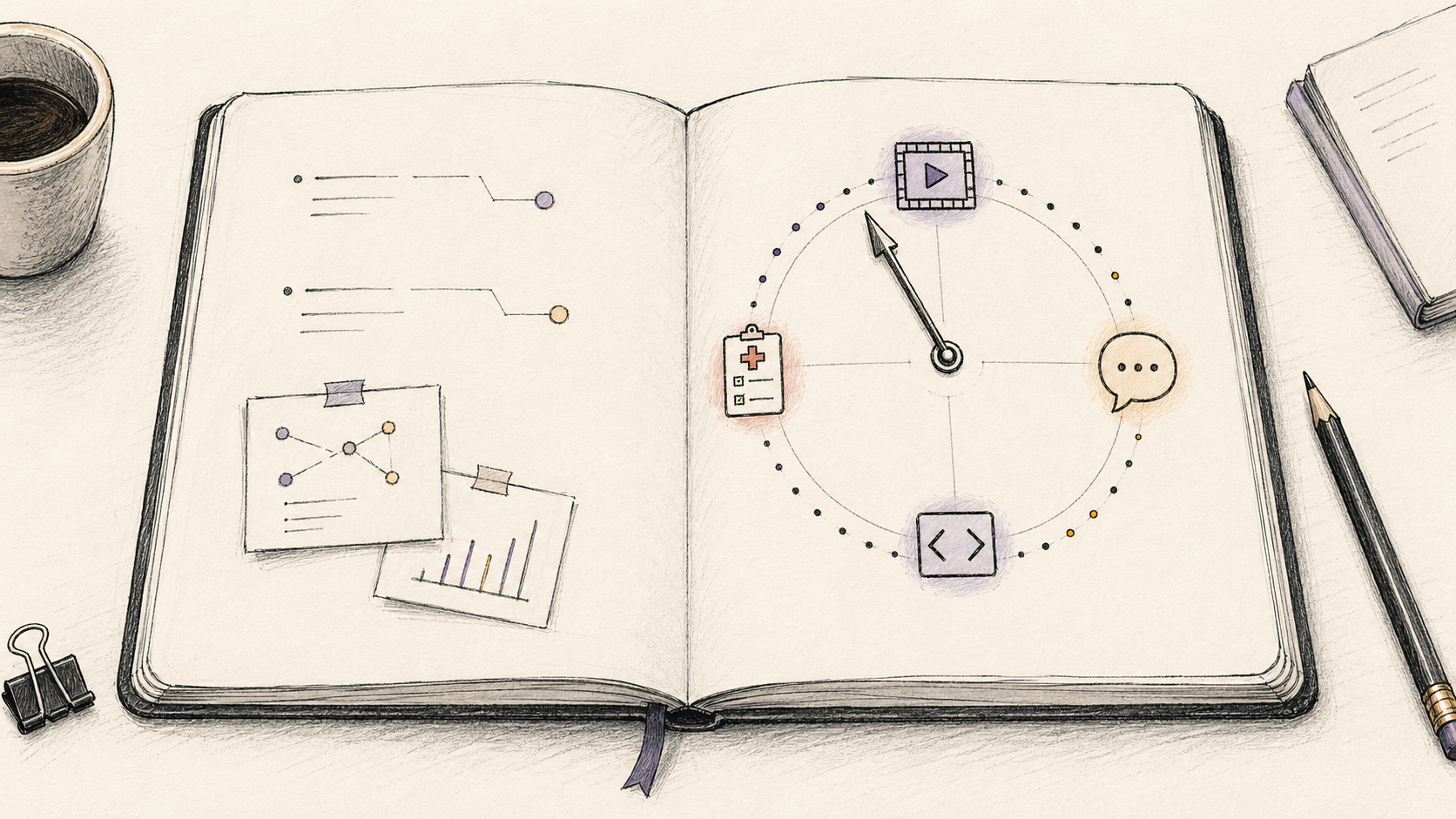Minimal hand-drawn illustration of an open notebook with a symbolic clock gauge and small markers for video, support, code, and medical admin functions.