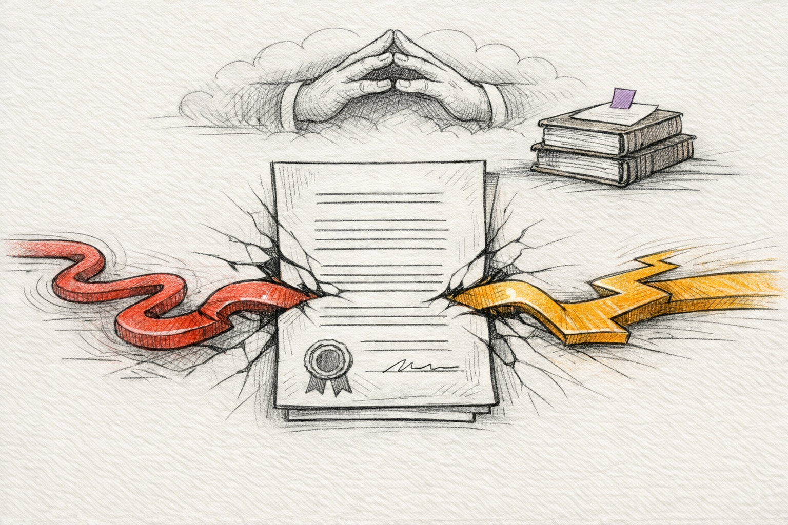 Hand-drawn editorial illustration showing a central rule document under pressure from opposing loophole and overreach forces, with review and precedent hovering around it.