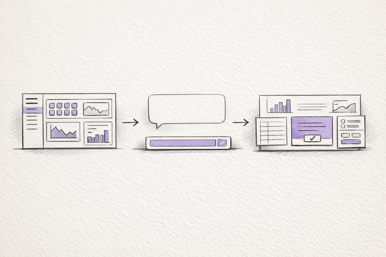 Hand-drawn editorial illustration showing a rigid dashboard evolving into a chat bar and then into a generated multi-panel interface.