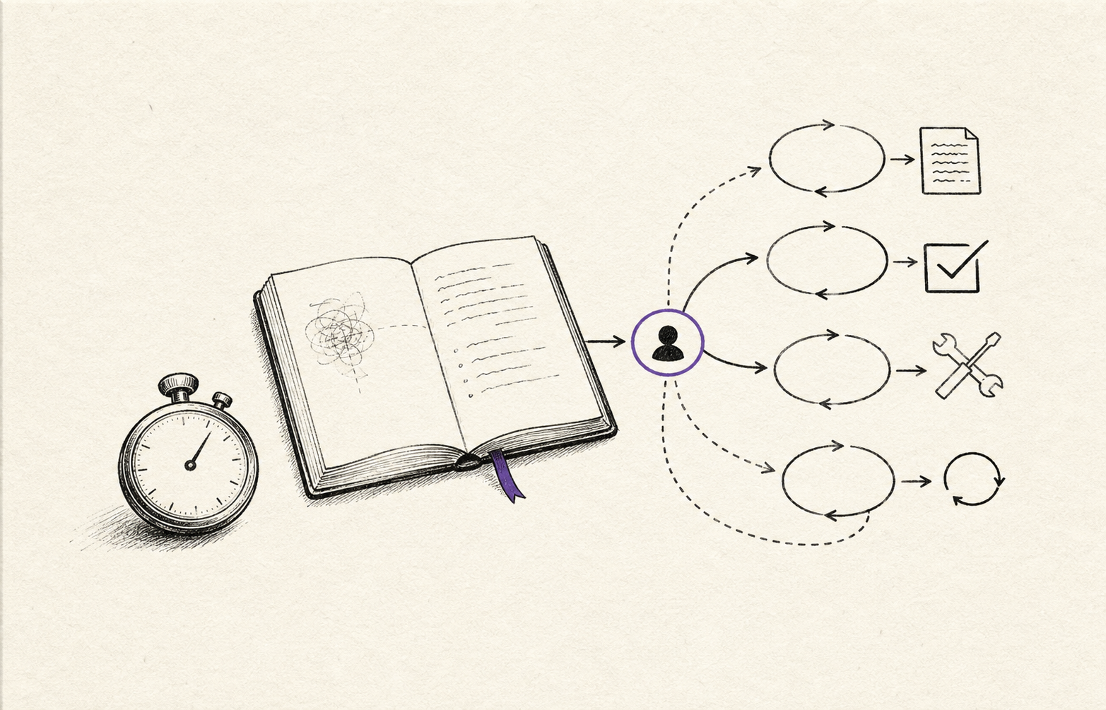 Hand-drawn editorial illustration of a notebook, stopwatch, and small task loops branching from one human decision point.