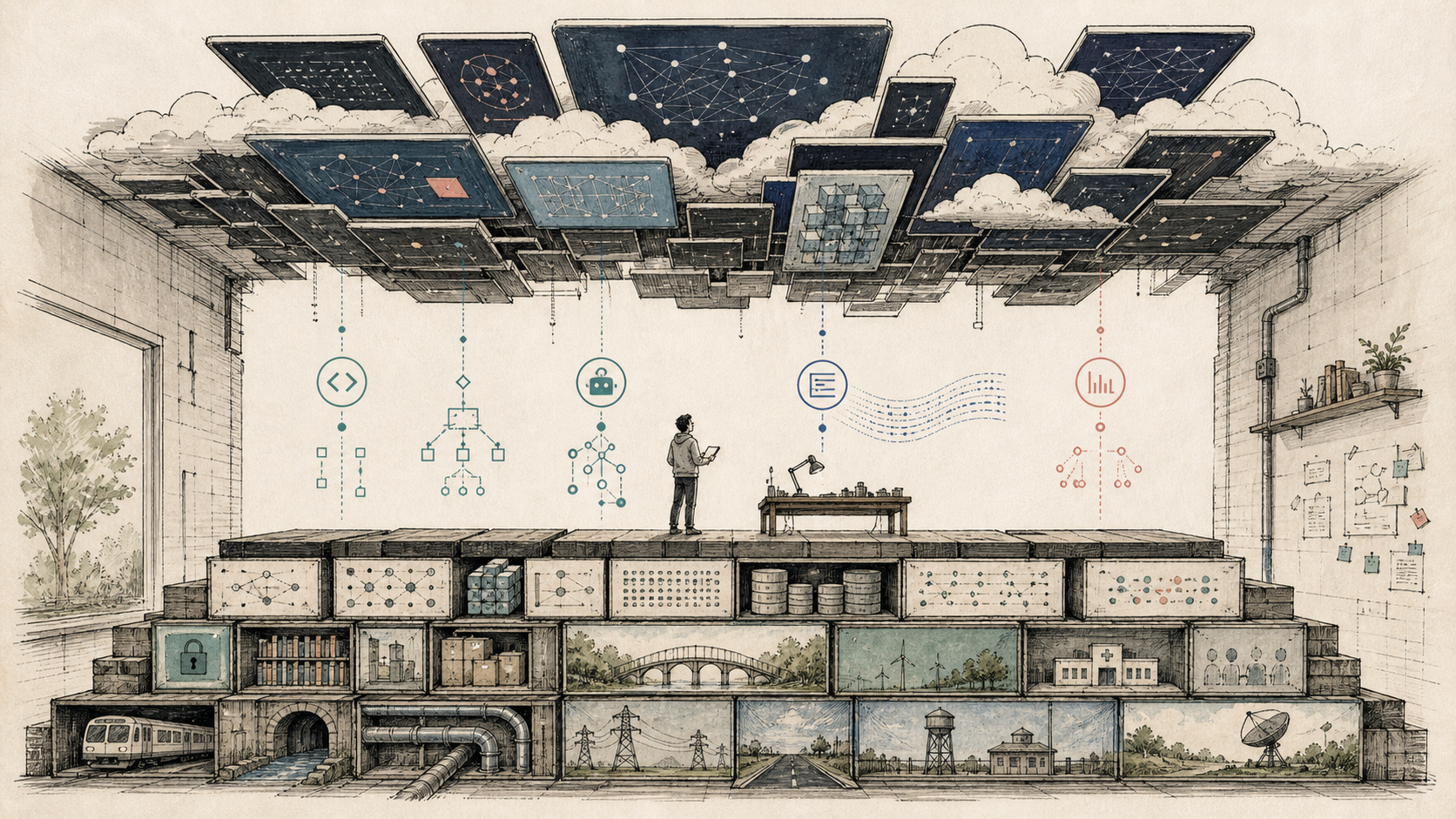 Hand-drawn editorial illustration of an open AI floor rising toward a proprietary AI ceiling, with model blocks, agent loops, and benchmark markers.