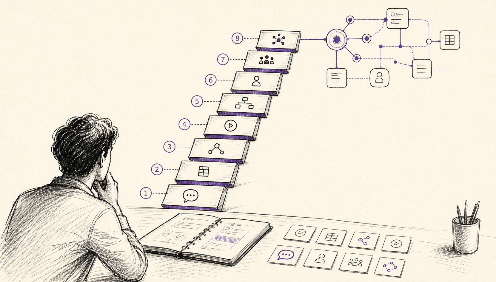 Sketch illustration of a person at a desk looking at an eight-step AI proficiency ladder that rises from chat to orchestration.