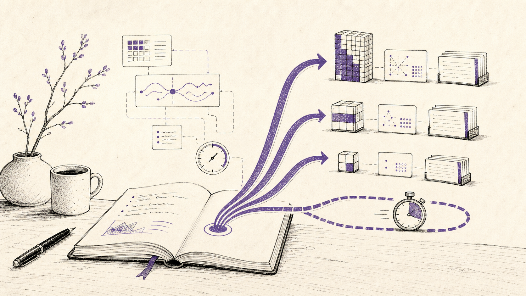 Hand-drawn editorial illustration of an open notebook branching into several AI model routing lanes, with abstract model cards, cached-context notes, and a stopwatch loop.