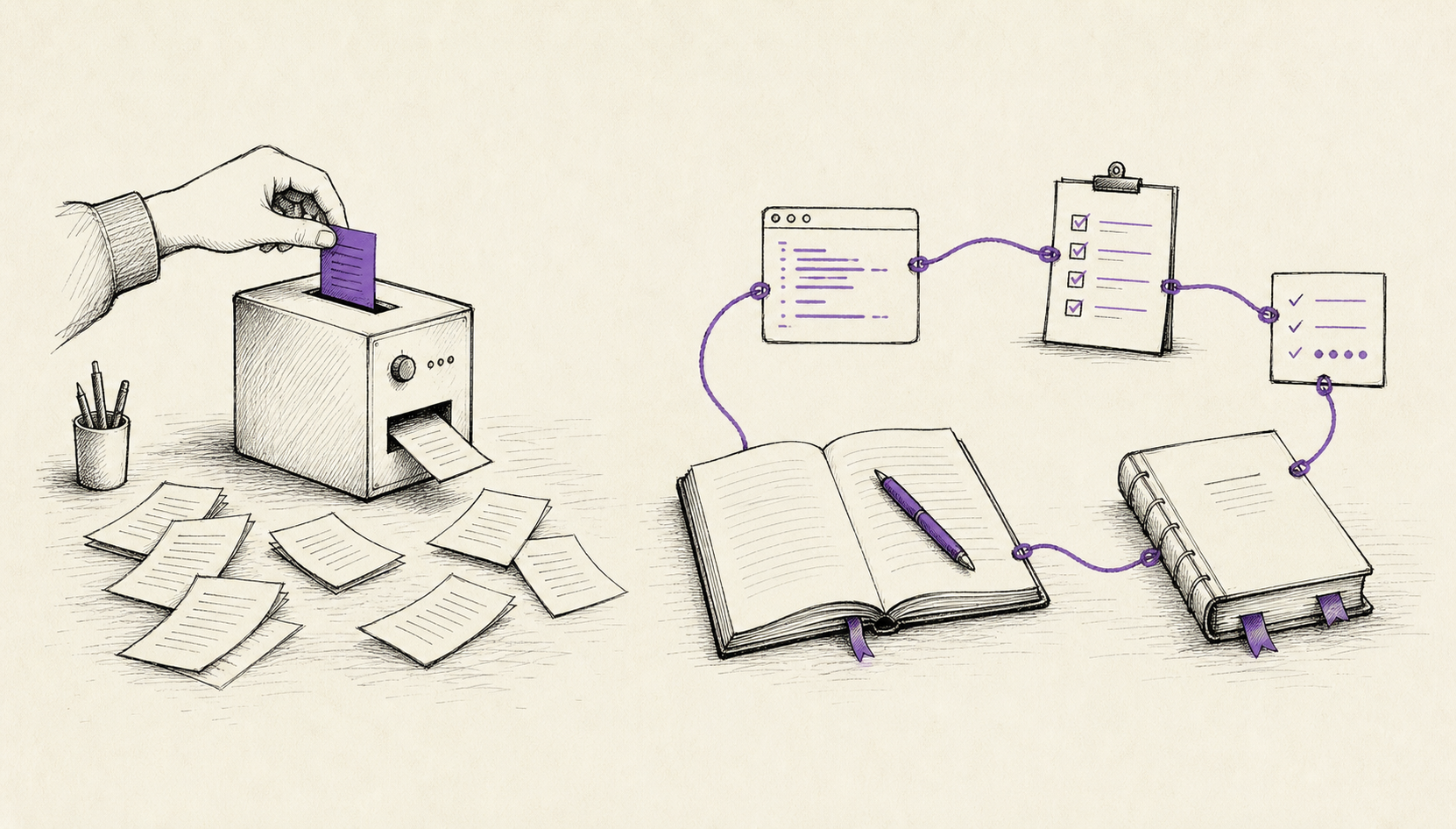 Hand-drawn editorial illustration contrasting a machine that produces loose pages from tokens with a connected system of notes, scripts, checks, and documentation.