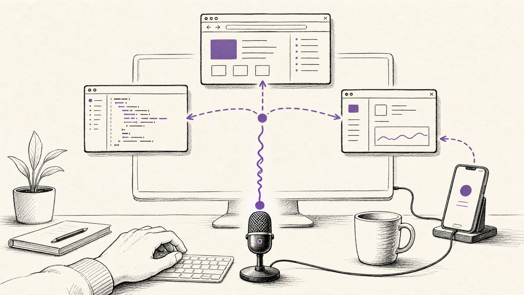 Hand-drawn editorial illustration of a microphone routing one spoken instruction into browser, coding, desktop, and phone tasks.