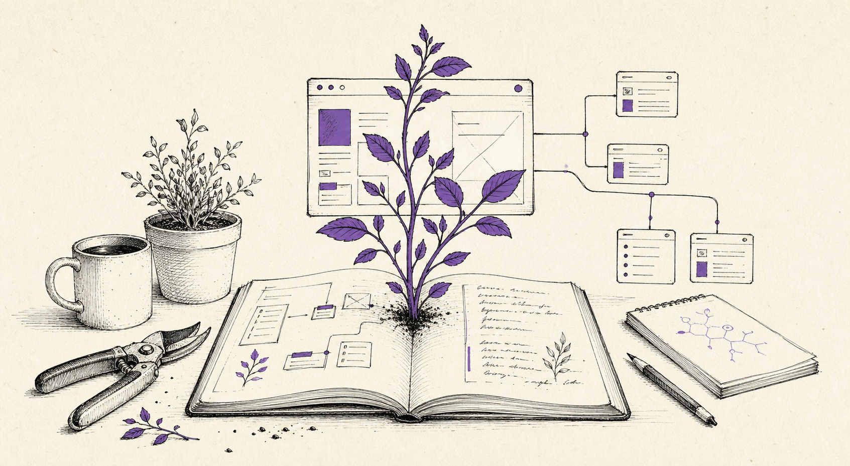 A hand-drawn desk-garden scene where a software interface grows from an open notebook, with pruning shears and connected app windows around it.