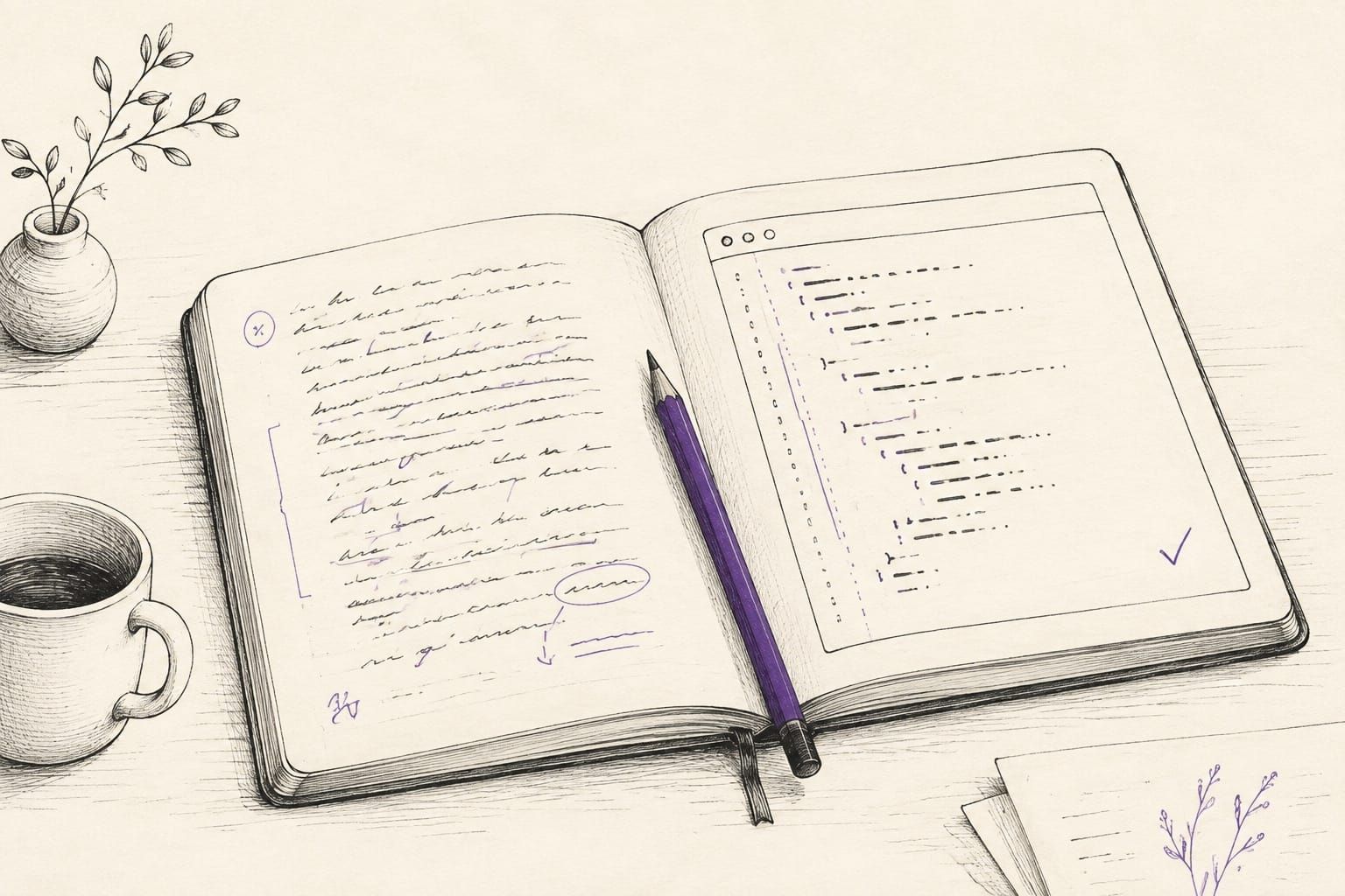 Ink sketch of an open notebook with edited prose on one page, a code window on the other, and a plum pencil between them.