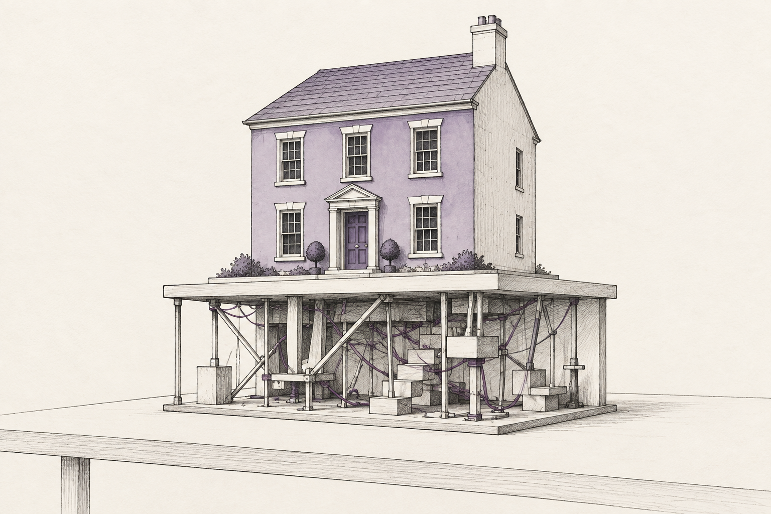 Ink and plum illustration of a neat model house above a tangled arrangement of improvised supports.