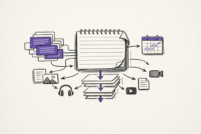 Sketch illustration of a central notebook page turning into a layered memory system with cards, media inputs, and timeline markers.
