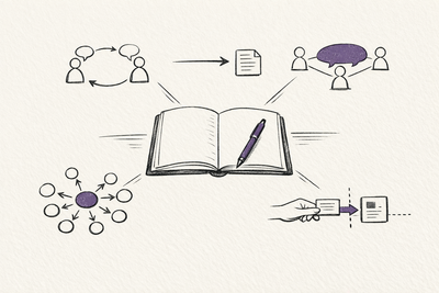 Sketch illustration of an open notebook surrounded by five agent communication patterns: paired review, handoff, shared thread, swarm routing, and an external capability card.