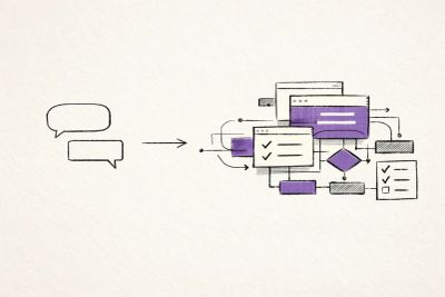 Hand-drawn editorial illustration of chat bubbles turning into a routed workflow system.