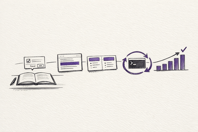 Sketch illustration of an open notebook turning into five stages of autonomous Claude Code workflows, ending in a measured results chart.