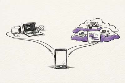 Sketch editorial illustration of a phone splitting into a local laptop workflow on one side and cloud agent workspaces on the other.