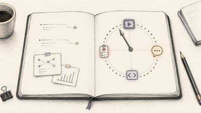 Minimal hand-drawn illustration of an open notebook with a symbolic clock gauge and small markers for video, support, code, and medical admin functions.