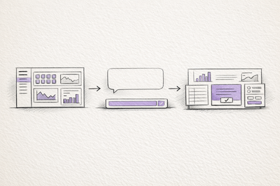 Hand-drawn editorial illustration showing a rigid dashboard evolving into a chat bar and then into a generated multi-panel interface.