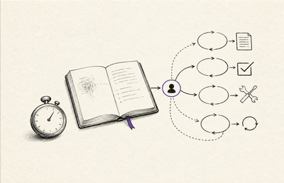 Hand-drawn editorial illustration of a notebook, stopwatch, and small task loops branching from one human decision point.