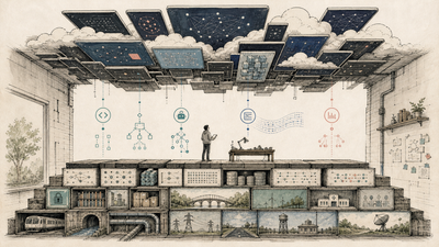 Hand-drawn editorial illustration of an open AI floor rising toward a proprietary AI ceiling, with model blocks, agent loops, and benchmark markers.
