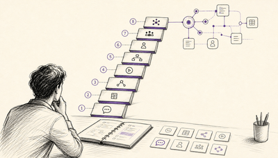 Sketch illustration of a person at a desk looking at an eight-step AI proficiency ladder that rises from chat to orchestration.