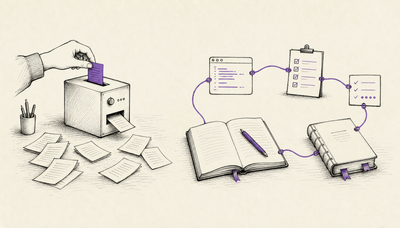 Hand-drawn editorial illustration contrasting a machine that produces loose pages from tokens with a connected system of notes, scripts, checks, and documentation.