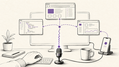 Hand-drawn editorial illustration of a microphone routing one spoken instruction into browser, coding, desktop, and phone tasks.