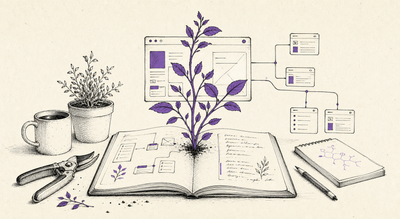 A hand-drawn desk-garden scene where a software interface grows from an open notebook, with pruning shears and connected app windows around it.