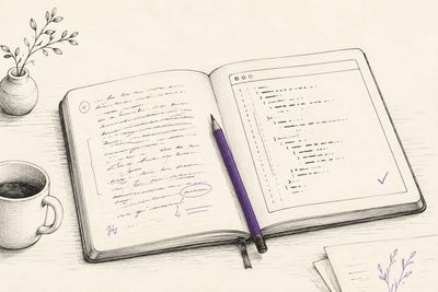 Ink sketch of an open notebook with edited prose on one page, a code window on the other, and a plum pencil between them.
