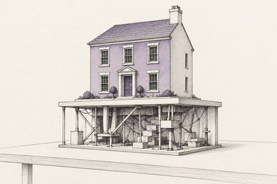 Ink and plum illustration of a neat model house above a tangled arrangement of improvised supports.