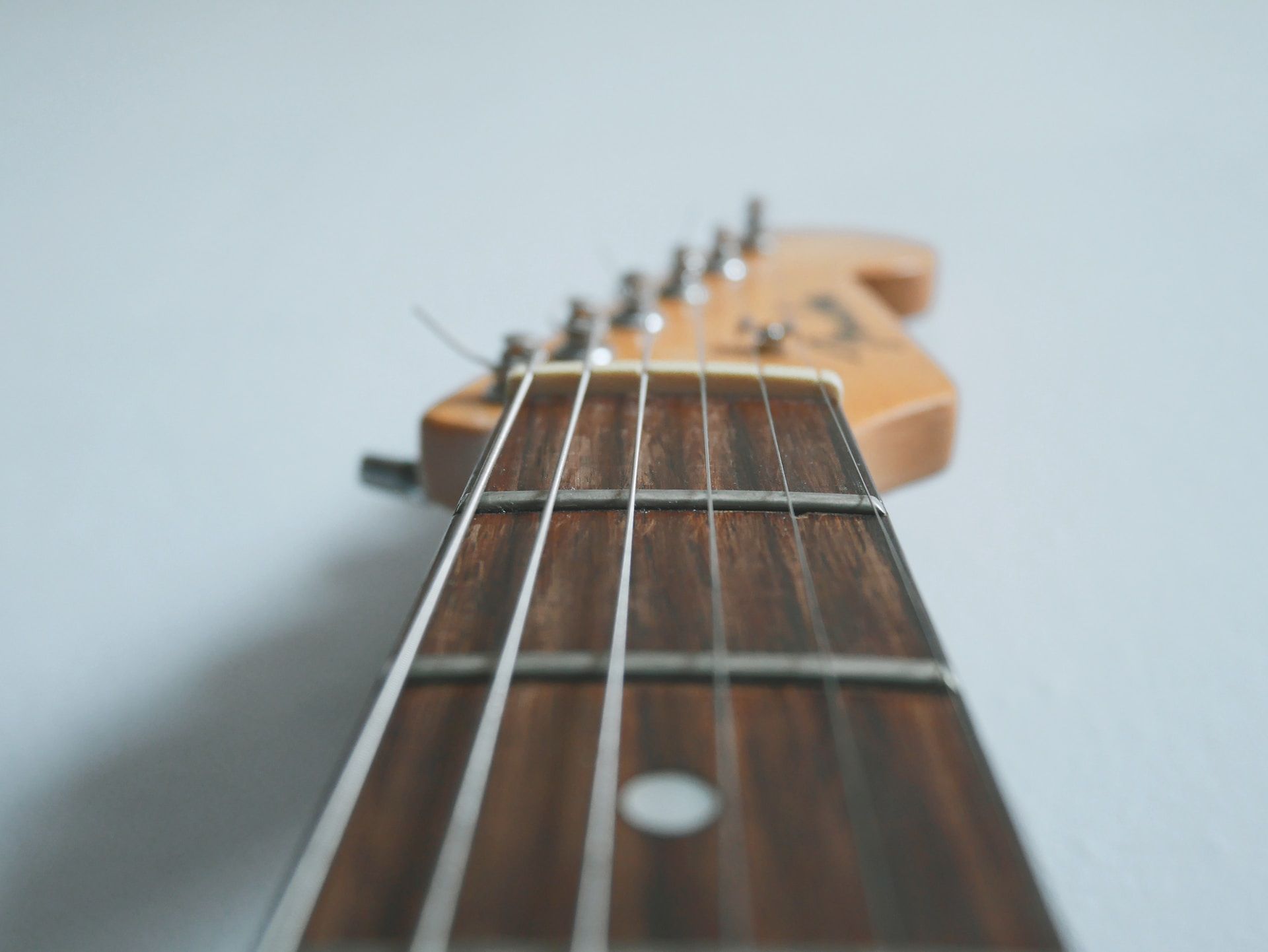 Fender Stratocaster close up of strings, frets and headstock