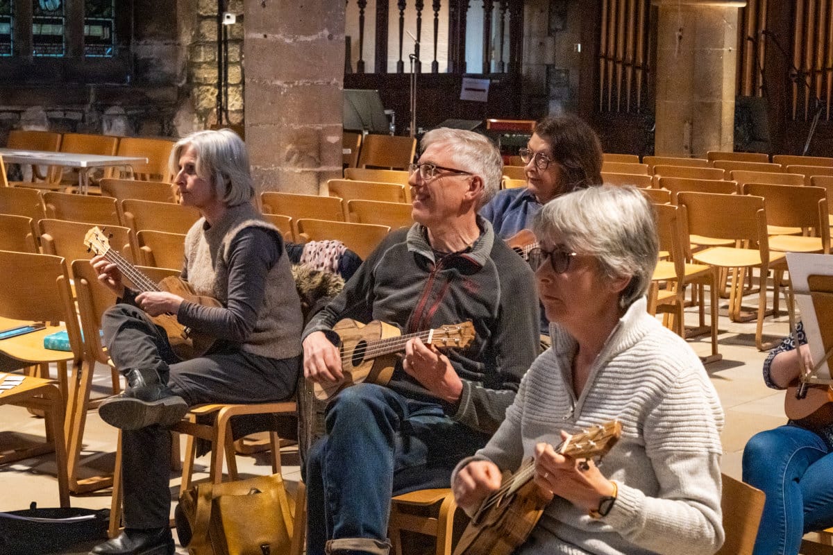 Students enjoying The Ilkley Beginner Ukulele Course at All Saints Church