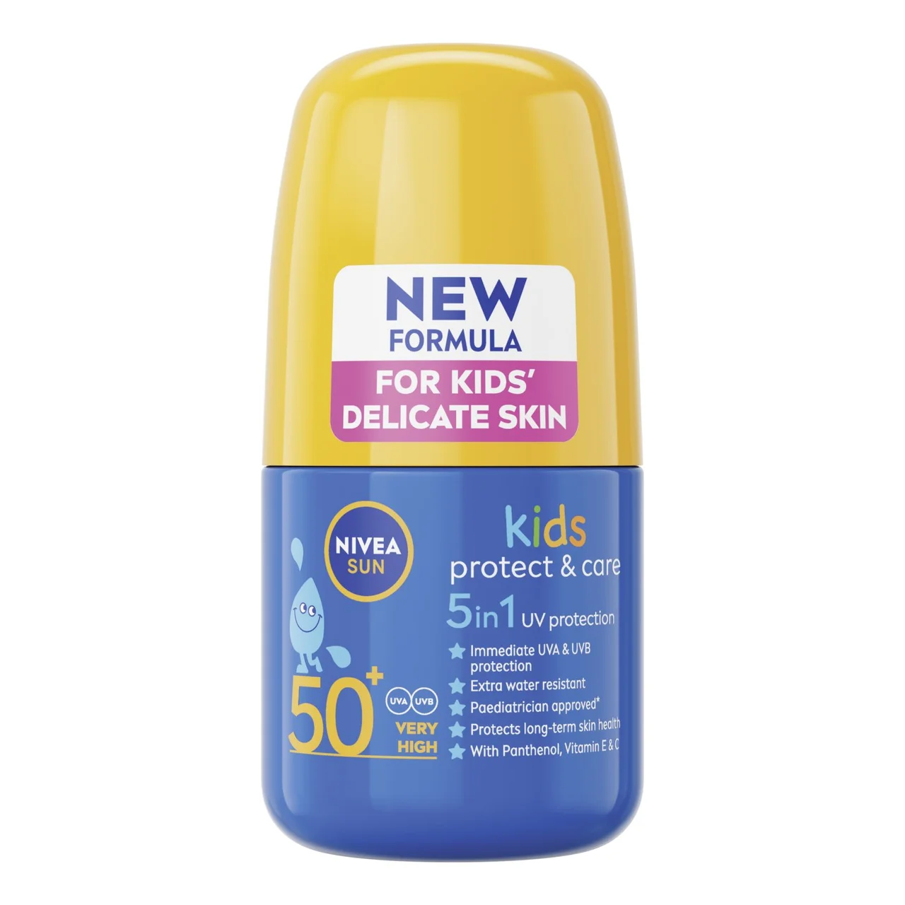A roller bottle of Nivea kids protect and care sun block, in yellow/orange and blue.
