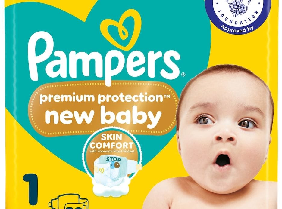 A pack of nappies, with a baby pulling an OMG I'm doing a wee face.