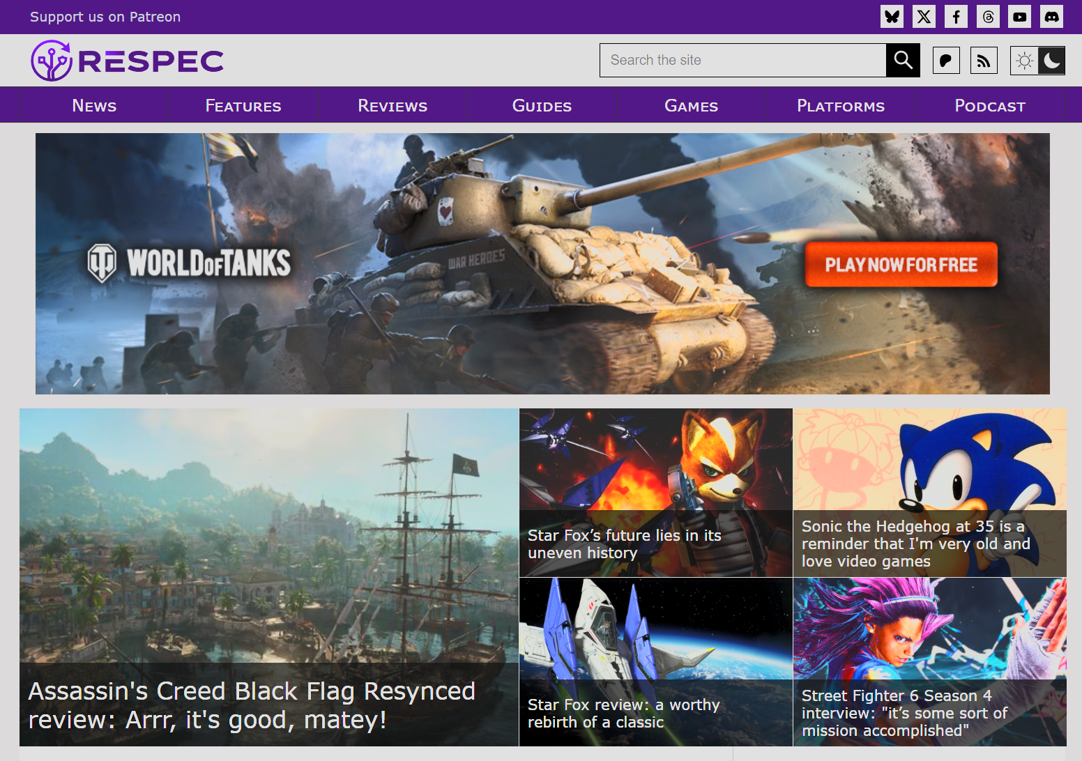 A screengrab of the Respec.net homepage, showing the purple logo and various article image headers.