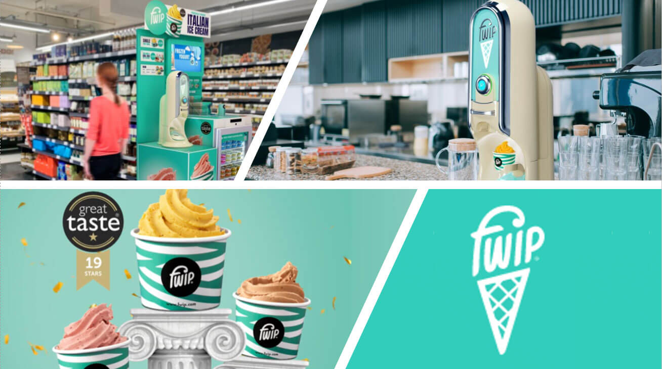 A collection of photos showing FWIP, the machine and the finished product that has been dispensed into a container.