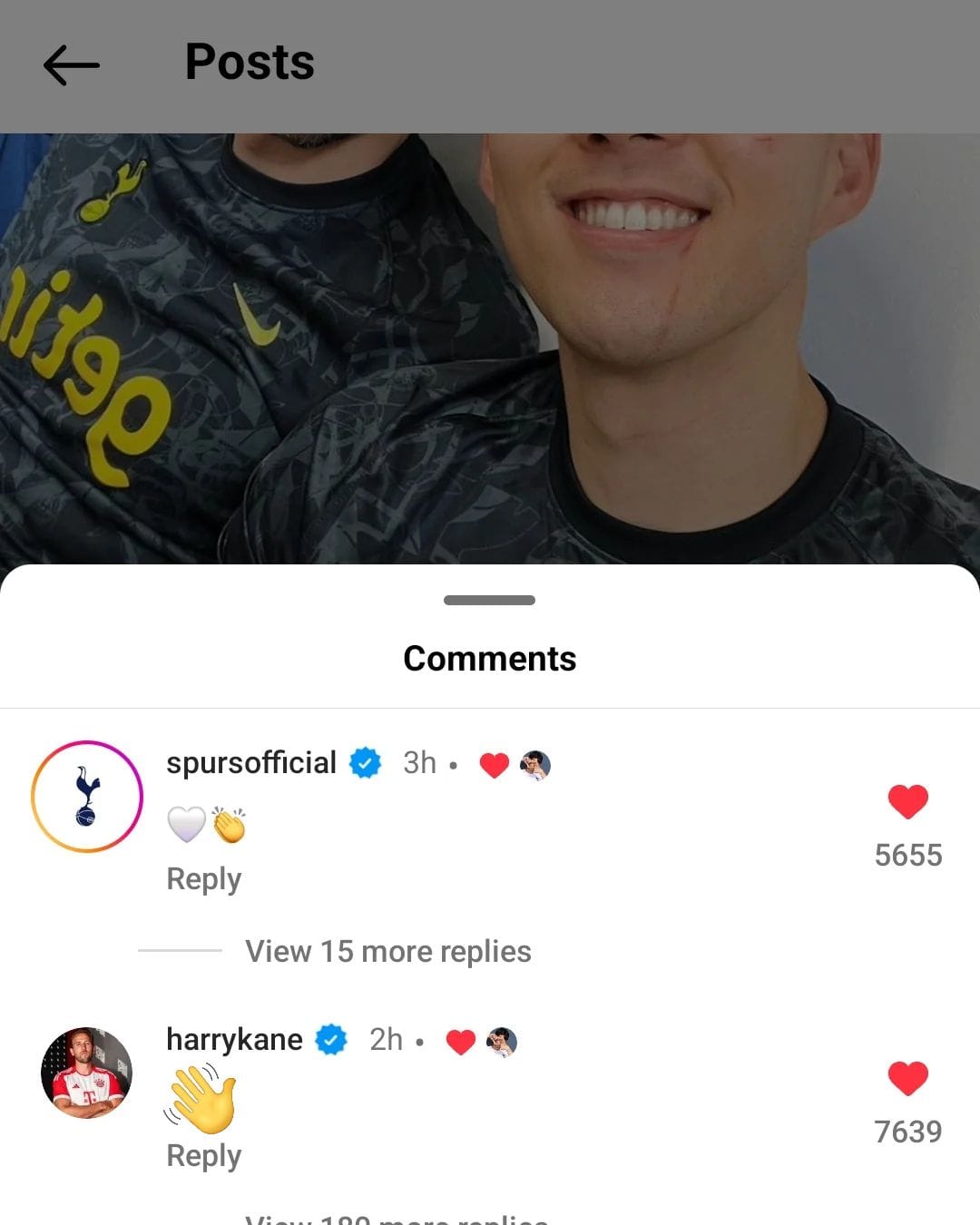 An Instagram post from Son, who was then a Spurs player, with Harry Kane posting a waving emoji. Image is edited to add the wave.