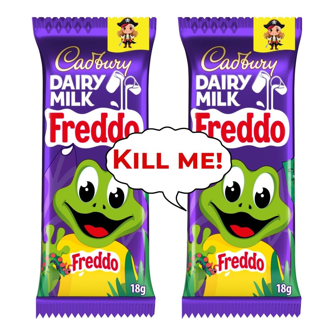 Two Cadbury Freddo bars in their wrappers. One of the frogs on the wrapper is saying "Kill me!"
