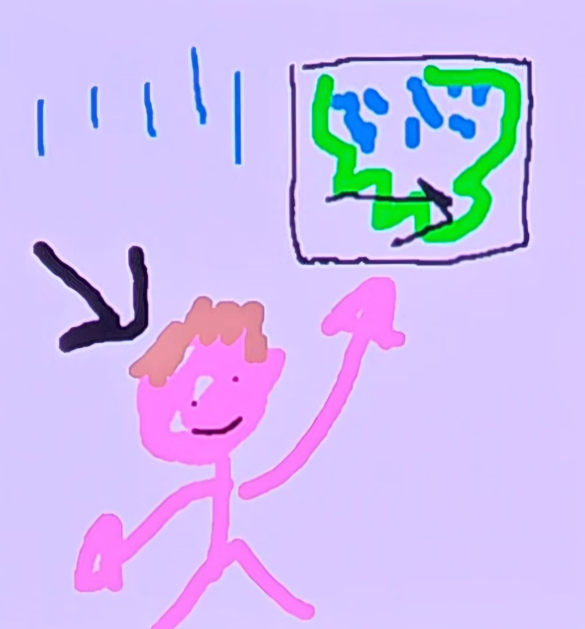 A nude pink man points to a screen showing what might be a map with rain on it.
