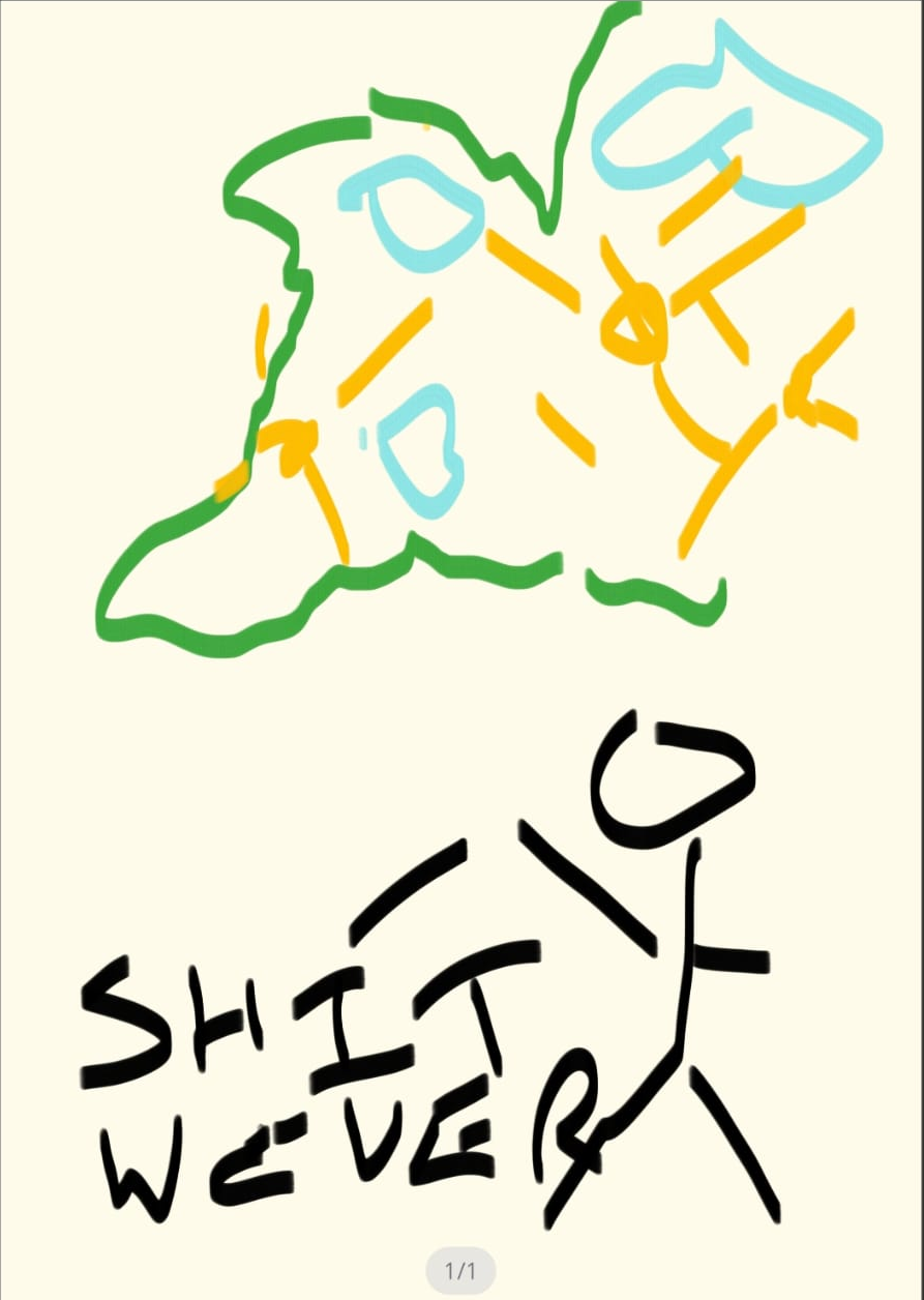 A stick man points to a map or maybe a strange animal in the sky with yellow symbols on it.