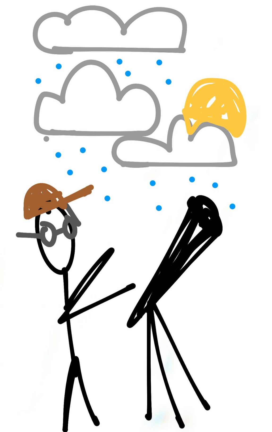 A man in baseball cap looks to the rainy skies using a telescope.