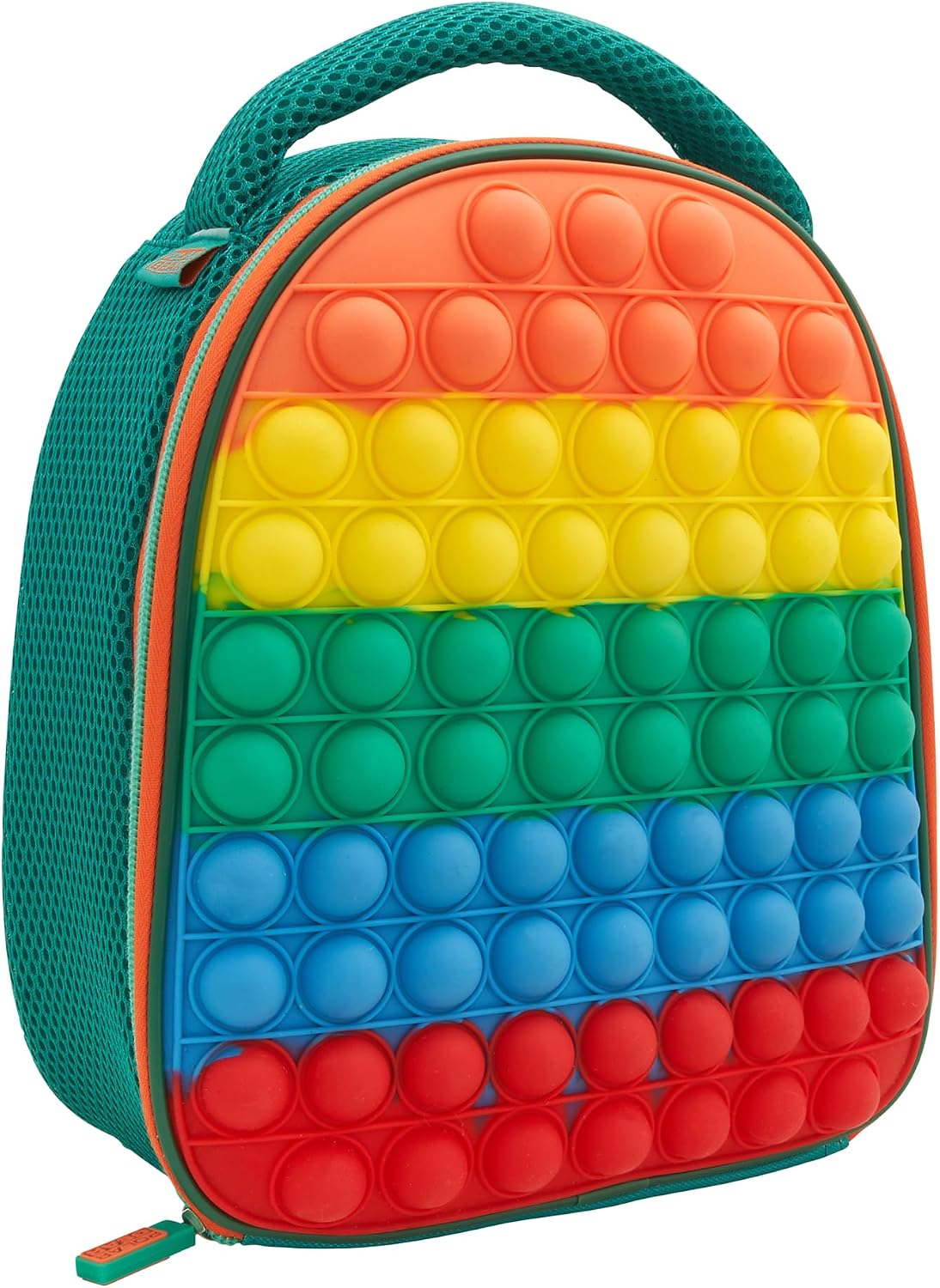 a photo of a lunch bag, green, with popit balls all over the front that can be pressed in and out.