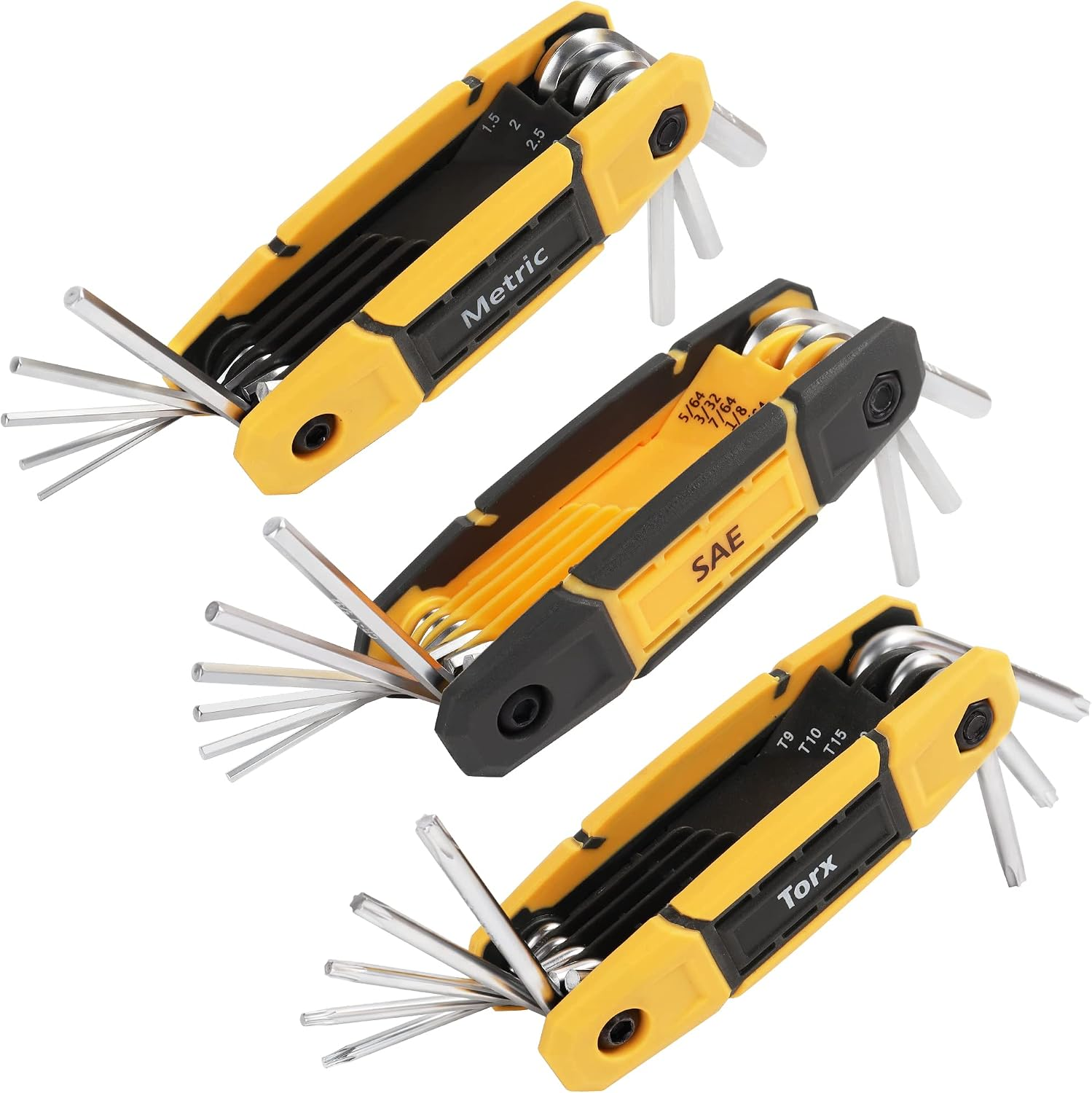 Image showing three different versions of an allen key set. It's yellow and black.