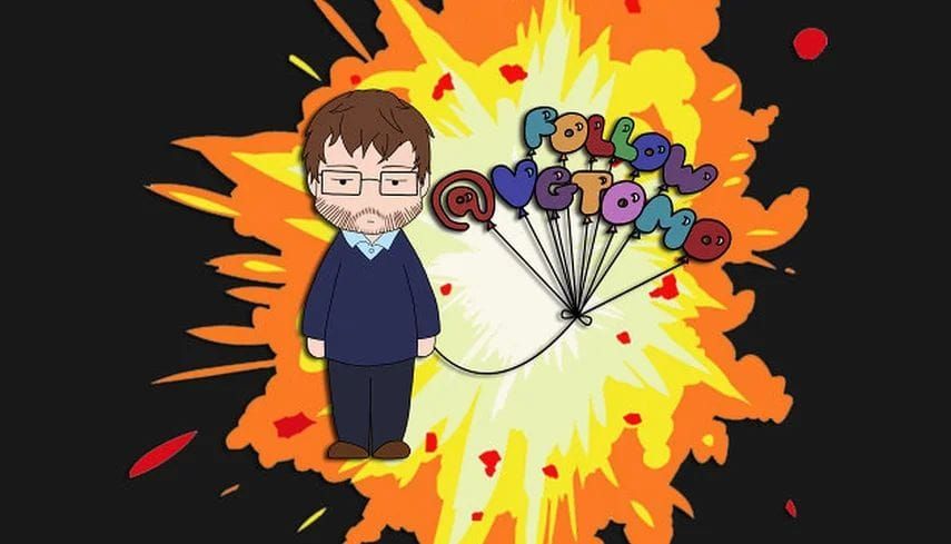 Cartoon drawing of Tom Orry, the creator of this website, with the words "Follow @VGTOMO" as balloons next to him.