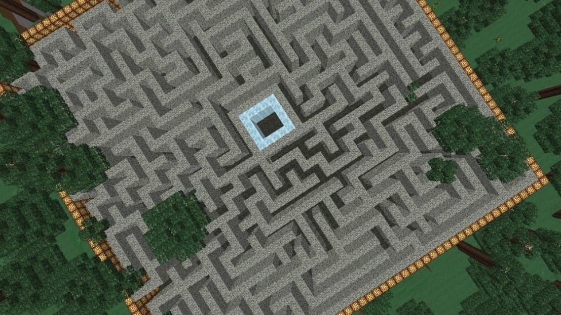 An overhead view of a maze built in Minecraft.