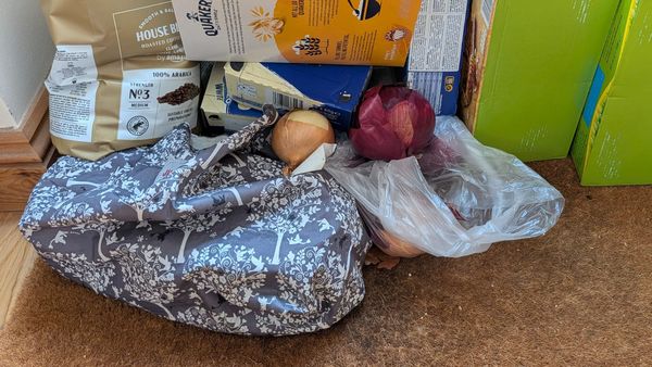 A horrid photo showing a bag of onions on a doormat, the onions spewing out. One red onion looks awful. There's also a bag of coffee beans, a box of porridge, and some other boxes.
