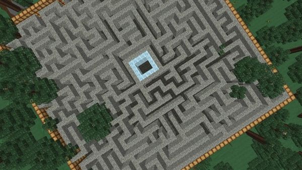 An overhead view of a maze built in Minecraft.
