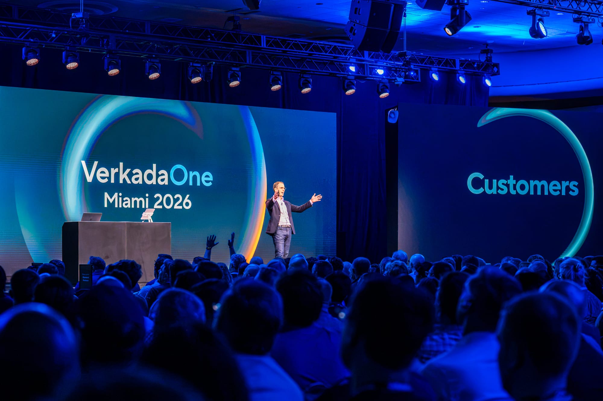 Verkada CEO Filip Kaliszan delivers the keynote address on stage at VerkadaOne
